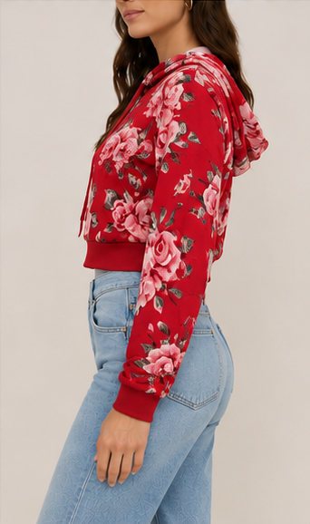 Suéter tipo hoodie corto con estampado floral