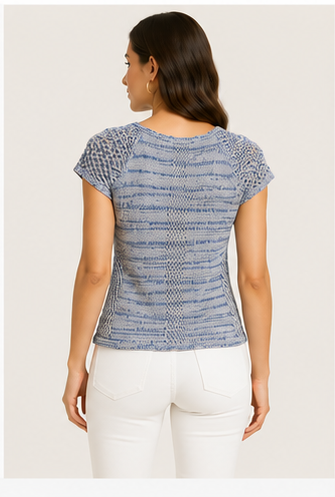 Blusa Tejida Azul Jaspeada de Manga Corta
