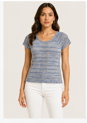 Blusa Tejida Azul Jaspeada de Manga Corta