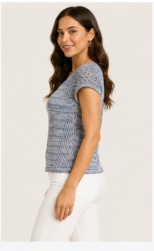 Blusa Tejida Azul Jaspeada de Manga Corta