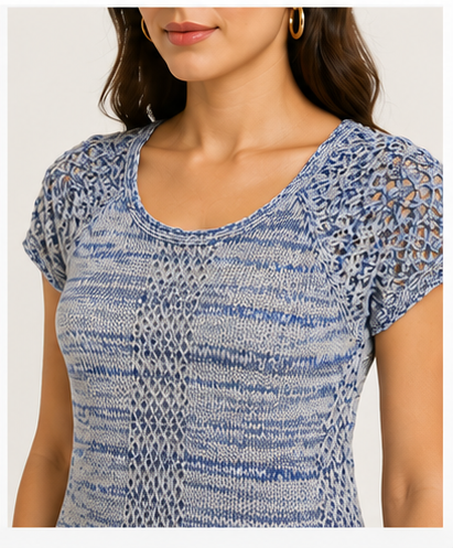 Blusa Tejida Azul Jaspeada de Manga Corta