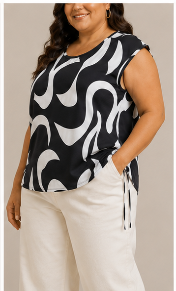 Blusa Estampada Blanco y Negro de Corte Relajado