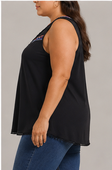 Blusa Sin Mangas Negra con Bordado Decorativo