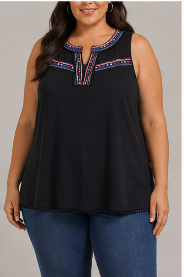 Blusa Sin Mangas Negra con Bordado Decorativo