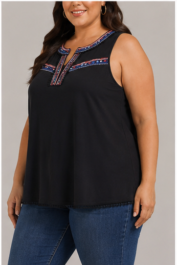 Blusa Sin Mangas Negra con Bordado Decorativo