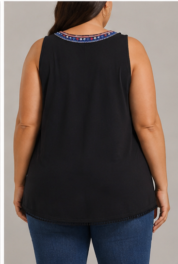 Blusa Sin Mangas Negra con Bordado Decorativo