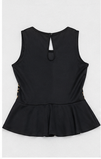 Blusa Negra sin Mangas con Estampado Geométrico y Peplum