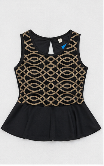 Blusa Negra sin Mangas con Estampado Geométrico y Peplum