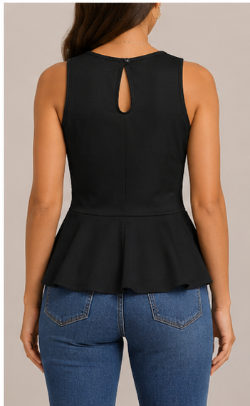 Blusa Negra sin Mangas con Estampado Geométrico y Peplum