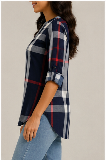 Blusa a Cuadros de Manga 3/4 con Escote en V