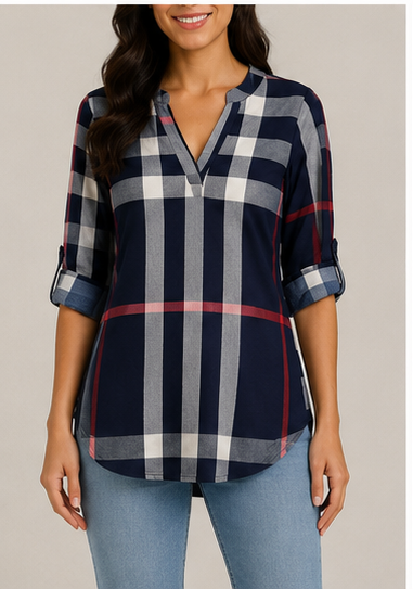Blusa a Cuadros de Manga 3/4 con Escote en V