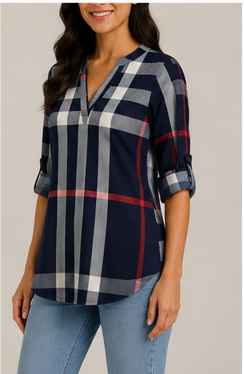 Blusa a Cuadros de Manga 3/4 con Escote en V