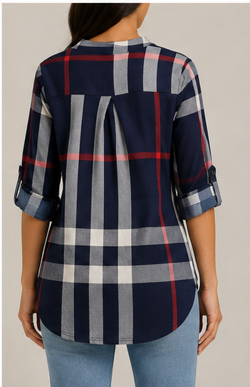 Blusa a Cuadros de Manga 3/4 con Escote en V
