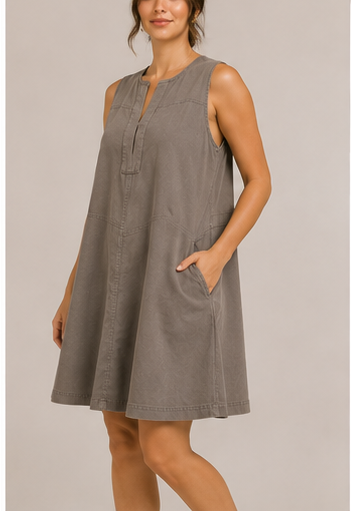 Vestido Línea A sin Mangas con Bolsillos – Taupe