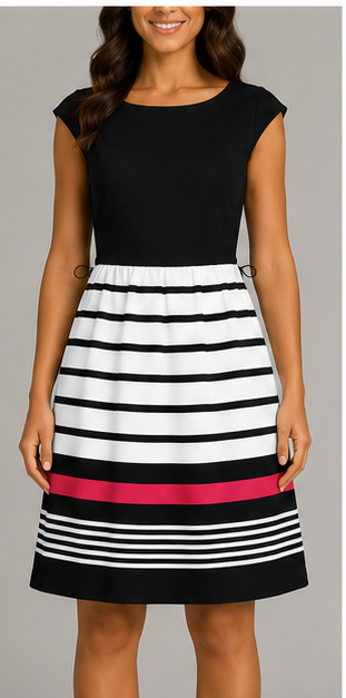 Vestido Midi de Rayas con Detalle en Contraste