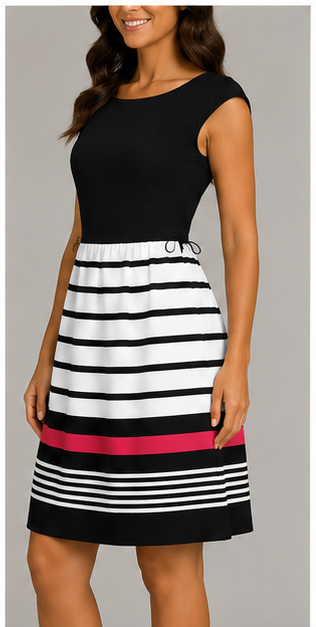 Vestido Midi de Rayas con Detalle en Contraste