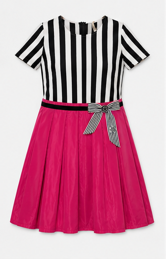 Vestido Mini Combinado de Rayas y Falda Plisada