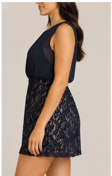 Vestido Elegante con Falda de Encaje – Azul Marino