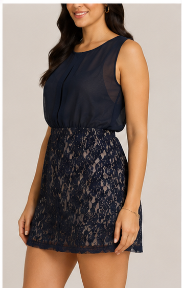 Vestido Elegante con Falda de Encaje – Azul Marino