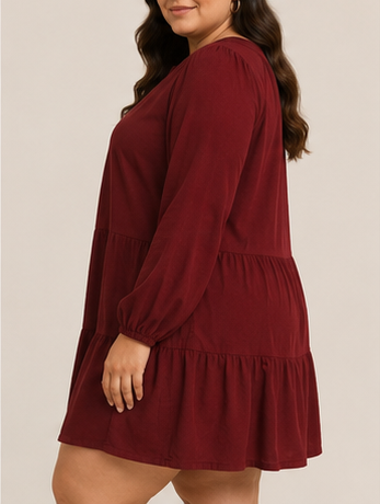 Vestido Corto Plus Size de Manga Larga con Volantes