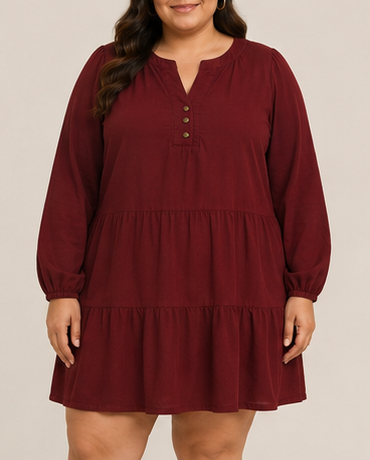 Vestido Corto Plus Size de Manga Larga con Volantes