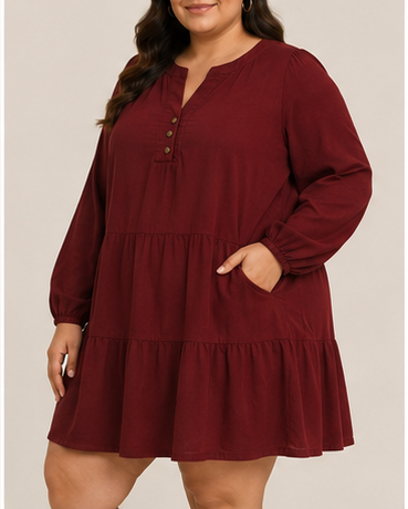 Vestido Corto Plus Size de Manga Larga con Volantes