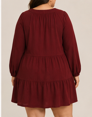 Vestido Corto Plus Size de Manga Larga con Volantes