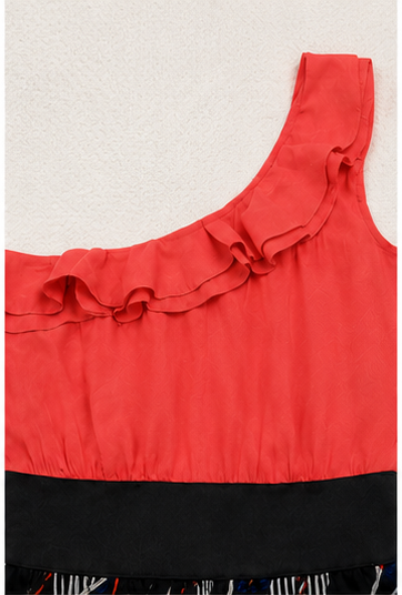 Vestido Asimétrico con Volante y Falda Estampada