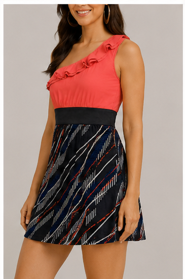 Vestido Asimétrico con Volante y Falda Estampada