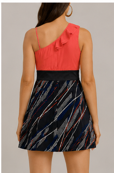Vestido Asimétrico con Volante y Falda Estampada