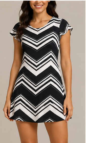 Vestido Estampado Chevron de Manga Corta