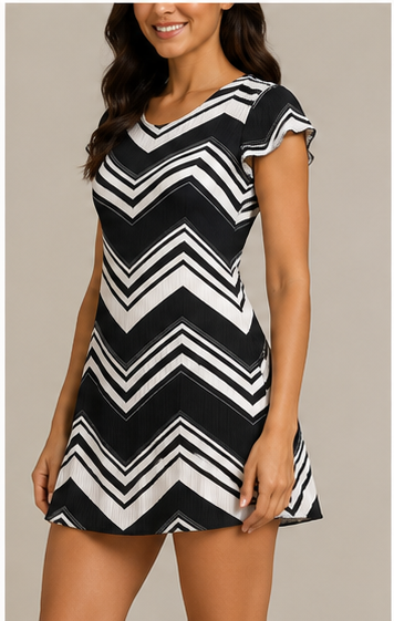 Vestido Estampado Chevron de Manga Corta