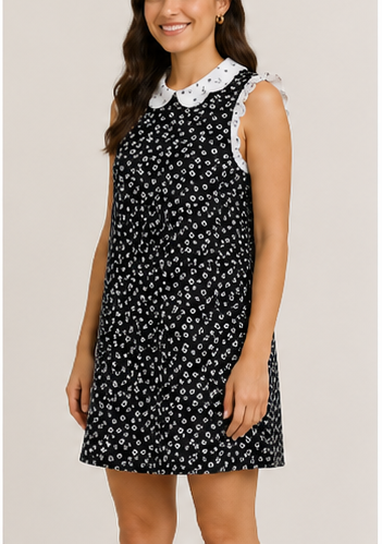 Vestido Negro Floral con Cuello Blanco