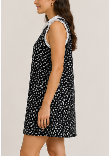 Vestido Negro Floral con Cuello Blanco