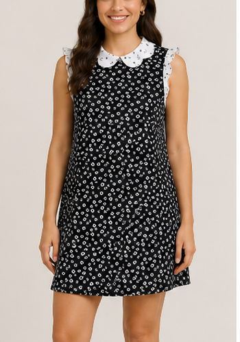 Vestido Negro Floral con Cuello Blanco
