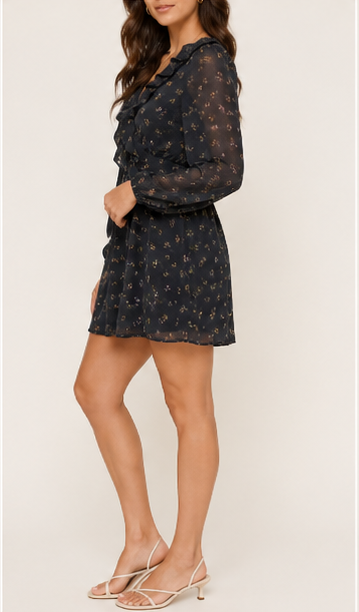 Vestido Mini Floral de Manga Larga con Volantes