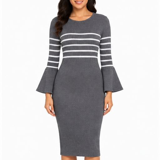 Vestido tejido acanalado con mangas acampanadas – Gris con rayas blancas