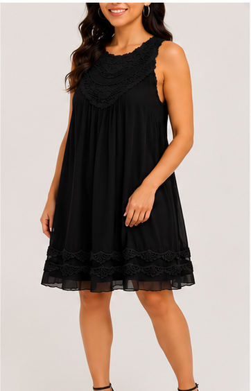 Vestido Negro con Detalles de Encaje