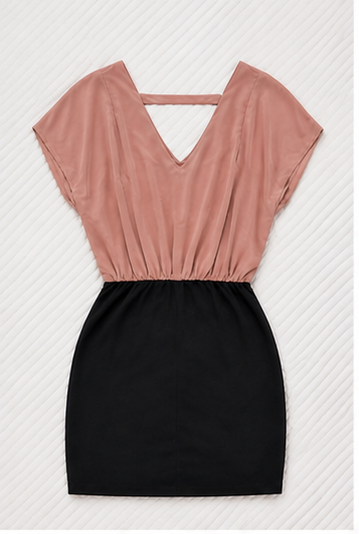 Vestido Bicolor de Escote en V – Rosa Palo y Negro