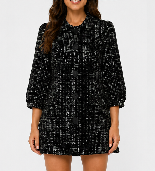Abrigo Tipo Tweed con Botones – Color Negro