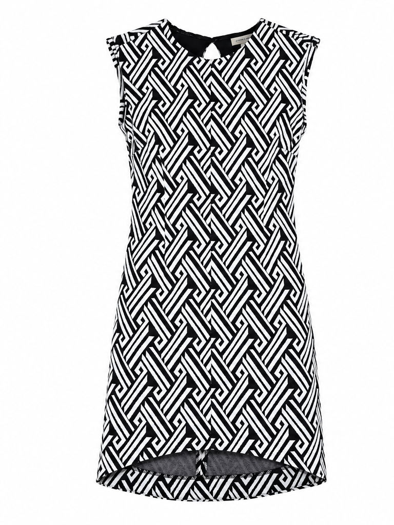 Vestido Corto Estampado Geométrico – Blanco y Negro